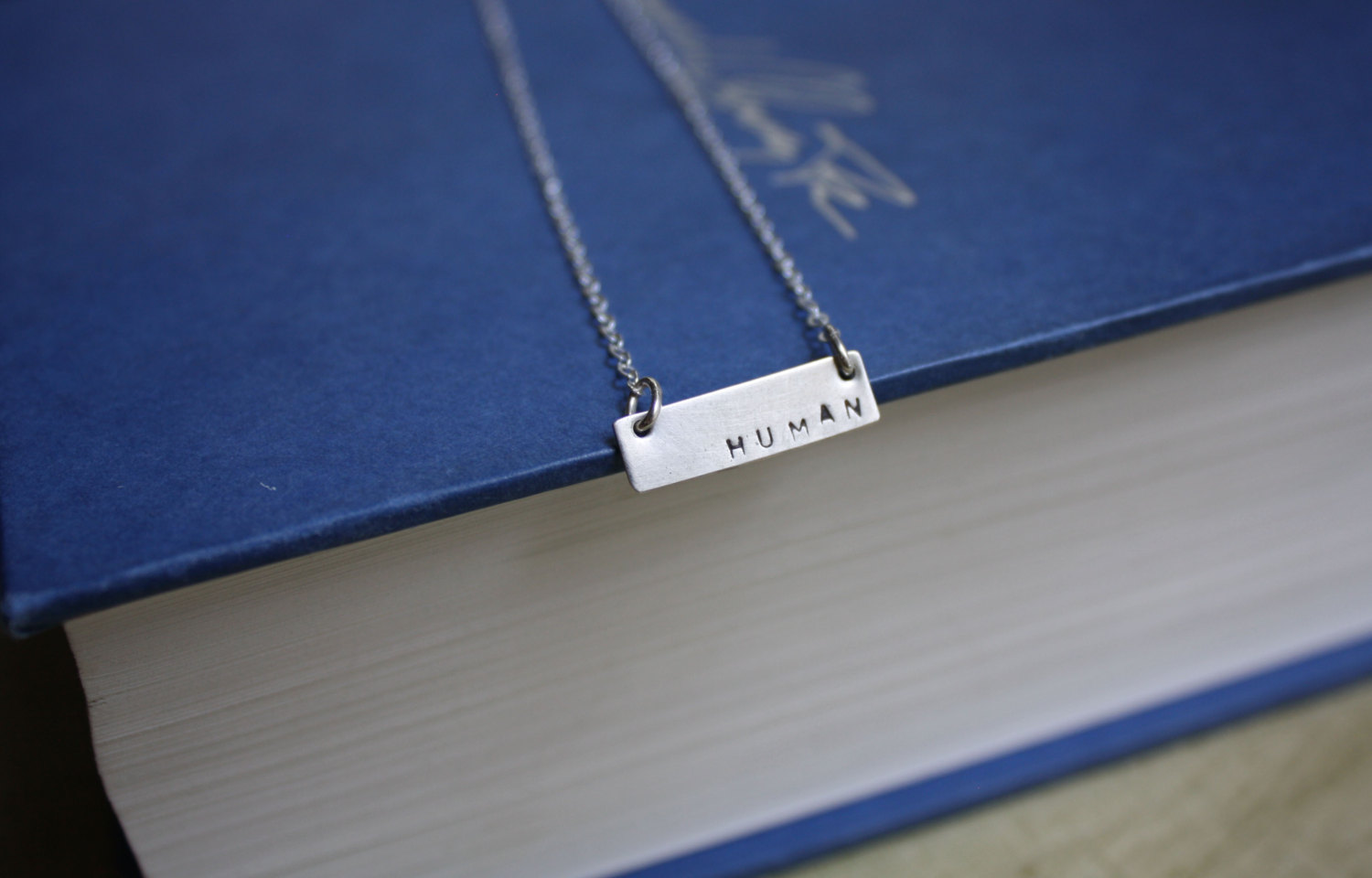 Silver Human Necklace - Stamped Bar Necklace - Silver Pendant Necklace - Sterling Silver Jewelry - Lightweight Everyday Jewellery