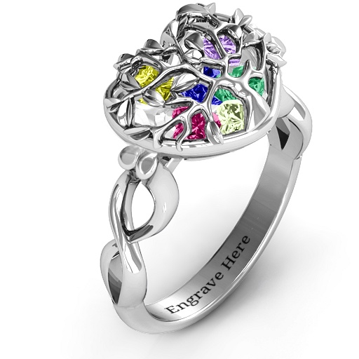 Family Tree Caged Hearts Personalised Ring with Infinity Band - AMAZINGNECKLACE.COM