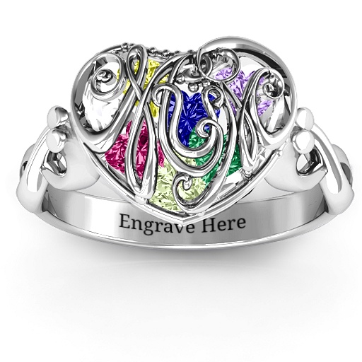 Mum heart Caged Hearts Personalised Ring with Infinity Band - AMAZINGNECKLACE.COM