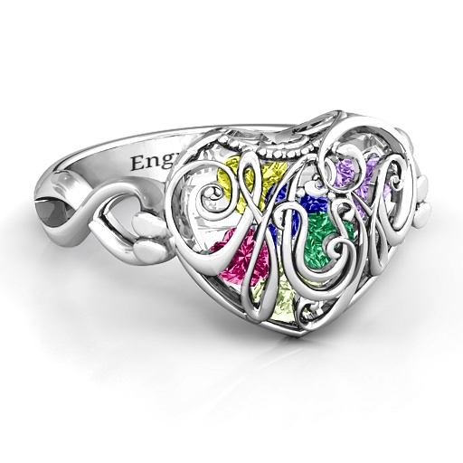 Mum heart Caged Hearts Personalised Ring with Infinity Band - AMAZINGNECKLACE.COM
