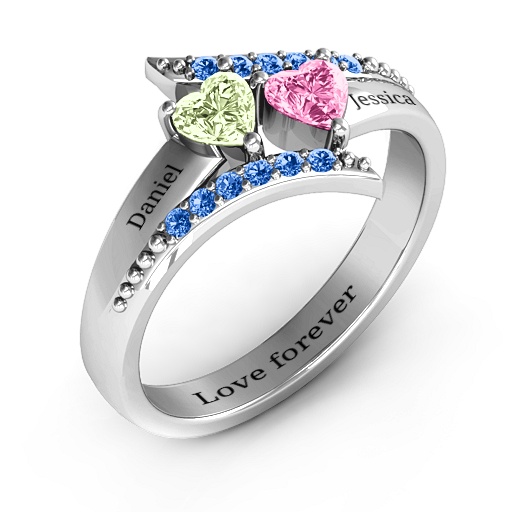 Diagonal Dream Personalised Ring With Heart Stones  - AMAZINGNECKLACE.COM