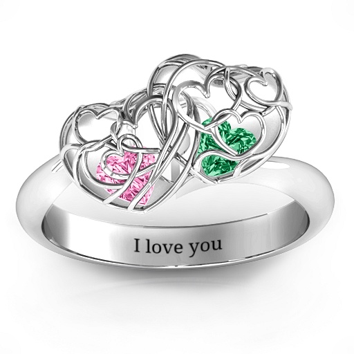 Double Heart Cage Personalised Ring with 1-6 Heart Shaped Birthstones  - AMAZINGNECKLACE.COM