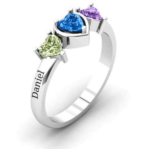Sterling Silver Heart Stone with Twin Heart Accents Personalised Ring  - AMAZINGNECKLACE.COM