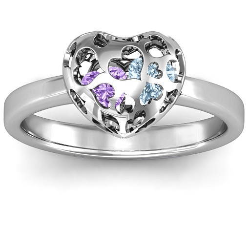 Sterling Silver Petite Caged Hearts Personalised Ring with 1-3 Stones  - AMAZINGNECKLACE.COM