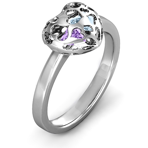 Sterling Silver Petite Caged Hearts Personalised Ring with 1-3 Stones  - AMAZINGNECKLACE.COM