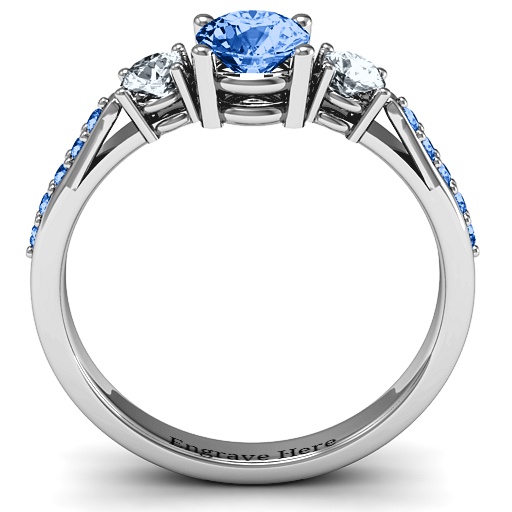 Sterling Silver Three Stone Eternity Personalised Ring with Twin Accent Rows  - AMAZINGNECKLACE.COM