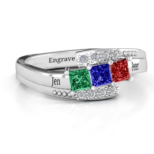 Sterling Silver Triple Princess Stone Personalised Ring with Accents  - AMAZINGNECKLACE.COM