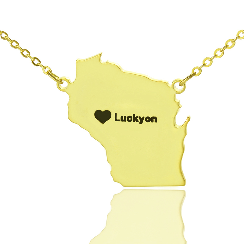 Custom Wisconsin State Shaped Personalised Necklaces With Heart  Name Gold Plated - AMAZINGNECKLACE.COM