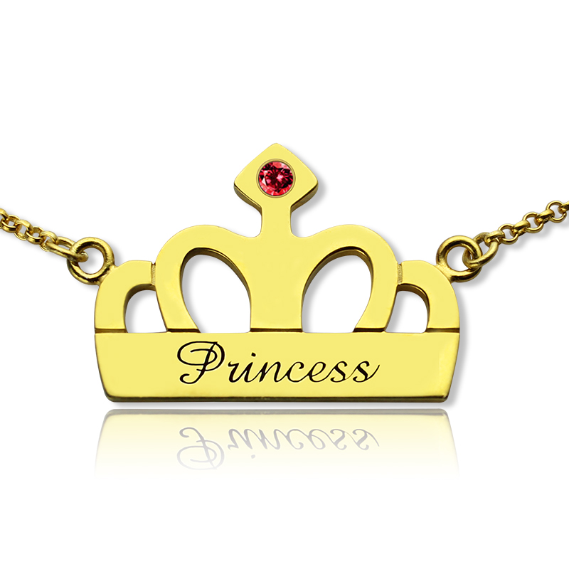 Princess Crown Charm Personalised Necklace with Birthstone  Name 18ct Gold Plated  - AMAZINGNECKLACE.COM