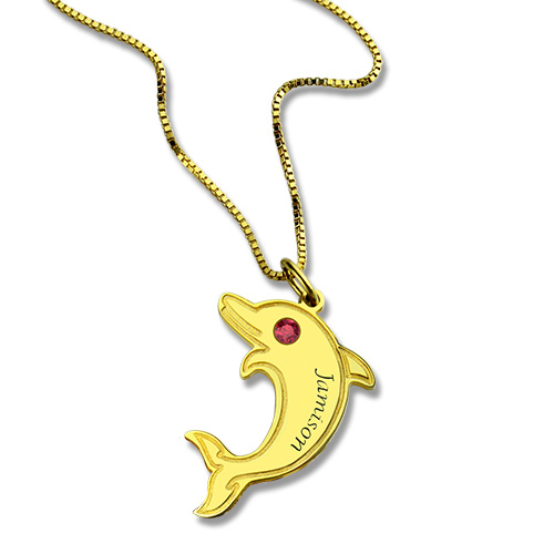 Dolphin Pendant Personalised Necklace with Birthstone  Name 18ct Gold Plated  - AMAZINGNECKLACE.COM