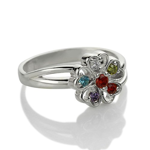 Promise Flower Personalised Ring Engraved Name  Birthstone Sterling Silver  - AMAZINGNECKLACE.COM