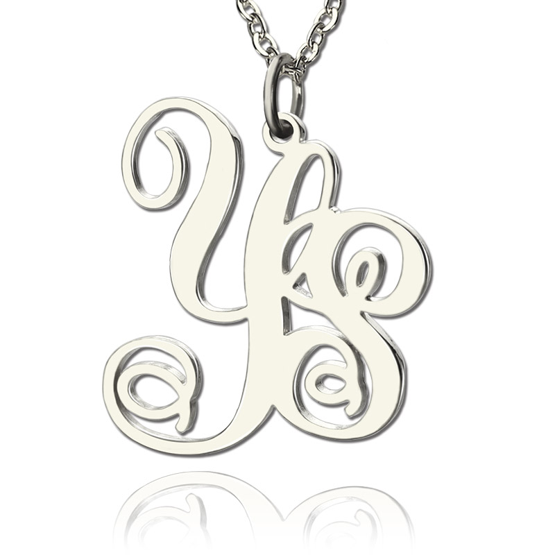Personalised Solid White Gold Vine Font 2 Initial Monogram Necklace - AMAZINGNECKLACE.COM