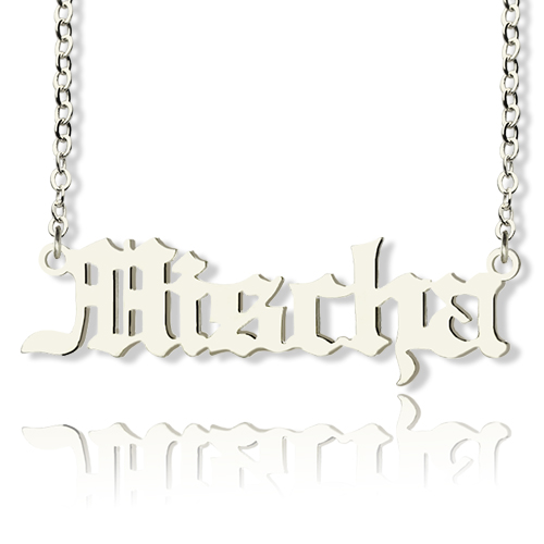 Mischa Barton Style Old English Font Name Personalised Necklace 18ct White Gold Plated - AMAZINGNECKLACE.COM