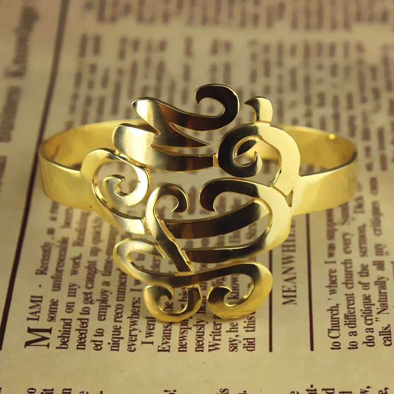 Monogram Cuff Personalised Bracelet Hand Write 18ct Gold Plated - AMAZINGNECKLACE.COM