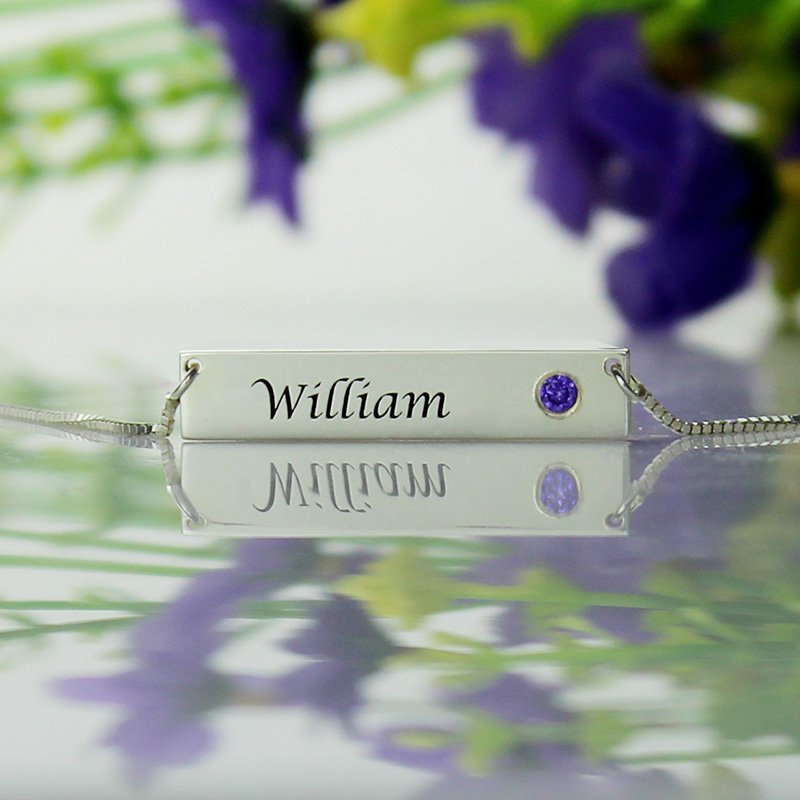 Nameplate Bar Personalised Necklace with Birthstone Silver  - AMAZINGNECKLACE.COM